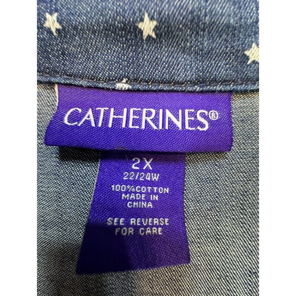 Catherines Womens Chambray Button-Up Shirt Size 2X Blue Denim Star 3/4 Sleeves - Picture 2 of 13